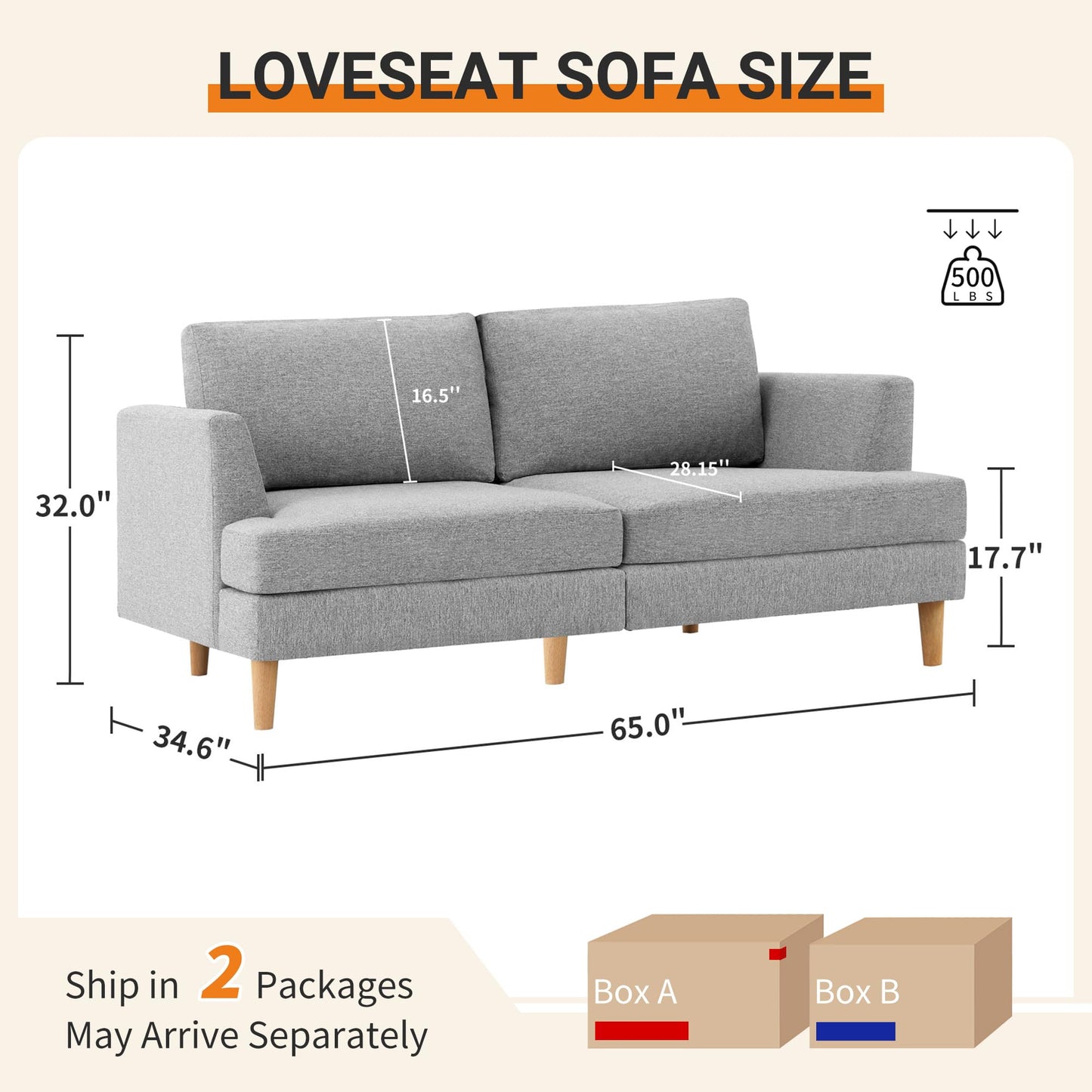 Busaurus Deep Seat Loveseat Sofa, 65" Mid Century Modern Couches for Living Room, Small Couches for Small Spaces Love Seat Sofa Couches with Wooden Legs, Bedroom Small Couch, Grey