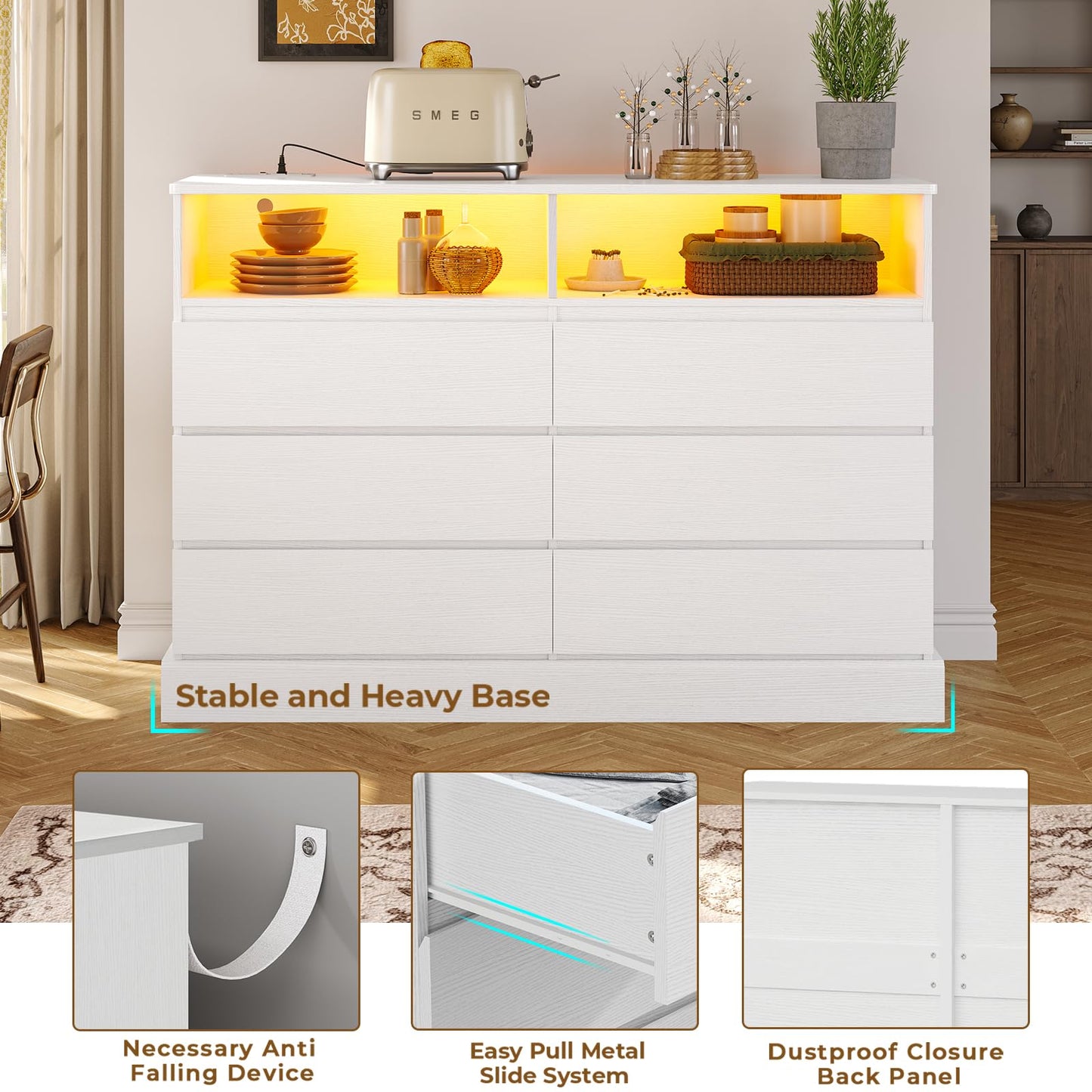 Hasuit White Dresser for Bedroom with LED Lights and Charging Station, 51.2" Long Dresser Chest of Drawers with Large Drawers and Open Space, Modern 6 Drawer Dresser for Bedroom, Living Room, - WoodArtSupply