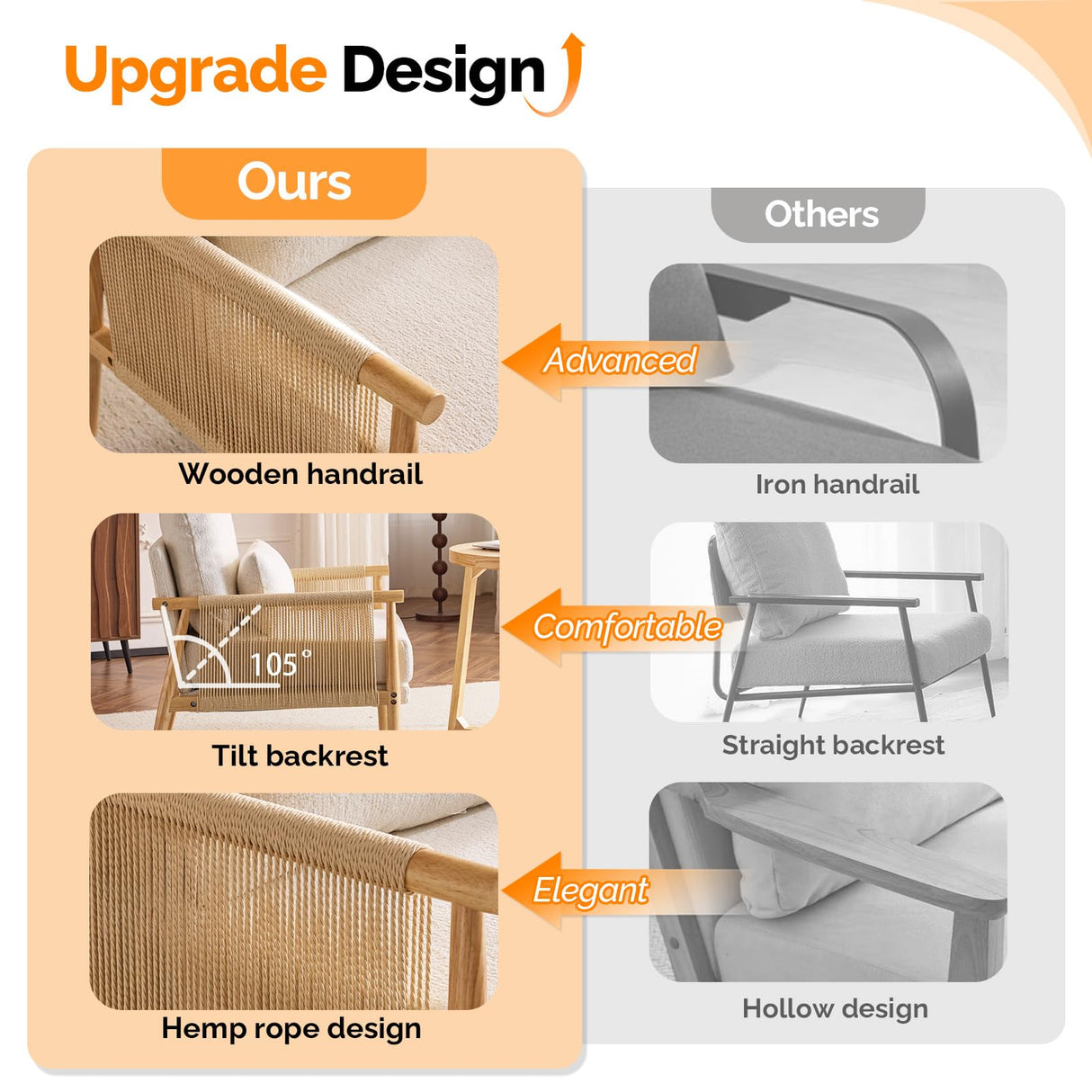 VINGLI Braid Accent Chairs Set of 2,Mid-Century Modern Armchiars with Solid Wooden Armrest,Comfy Louge Chairs with Waist Pillow for Bedroom,Living Room,Reading Room, Beige VINGLI