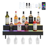 Dethan 2 Tier 32 Inch LED Lighted Liquor Bottle Display Shelf - Wall-Mounted Wine Rack with Multi-Color App & Remote Control, Adjustable Brightness & Sound Modes, Acrylic Bar Shelf for Commercial Club Dethan