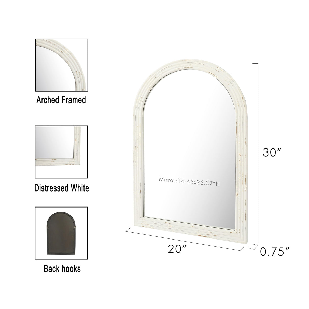 eodme Farmhouse Arched Wall Mirror, White Distressed Wood Mirror, Decorative Mirror for Bathroom Living Room Bedroom Entryway, 20''×30'' eodme