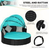 PayLessHere Outdoor Round Daybed Wicker Patio Furniture Outdoor Furniture with Retractable Canopy Rattan Separated Seating Sectional Sofa Washable Cushioned and Three Pillow for Patio Backyard (Blue) PayLessHere
