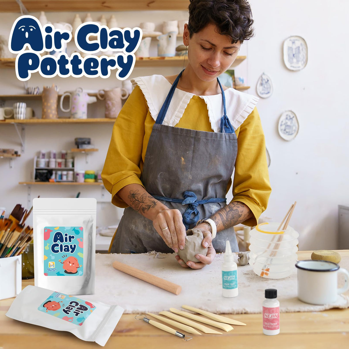 HEJIN Air Dry Clay Kit for Adults, 3.3Lbs Pottery Craft Kit for Beginners, Sculpting Tools Set & Step-by-Step Guide, 12 Paints, Paintbrush, Varnish, Sponge - Crafts for Adults for Birthdays Gift HEJIN