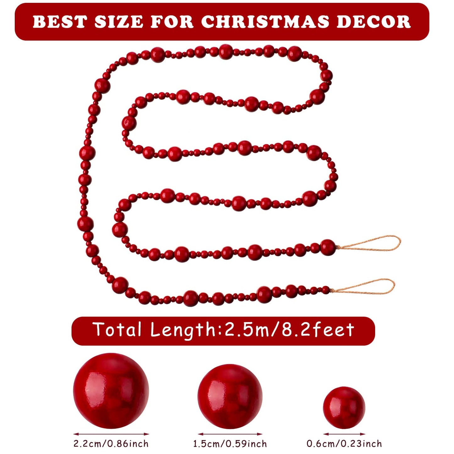 2 Pcs/ 16.4 Feet Christmas Wood Bead Garland Rustic Christmas Wooden Beads Decorative Christmas Tree Wood Beaded Garland Decor Farmhouse Boho Ornaments for Christmas Decoration Supplies (Dark Red)