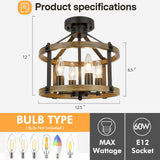 12.5" Farmhouse Semi Flush Mount Ceiling Light,4 Light Drum Rustic Semi Flush Ceiling Light,Black+Vintage Wood-Look Finish Semi Flush Light Fixture for Bedroom、Hallway、Kitchen、Laundry Room ZSANZYU