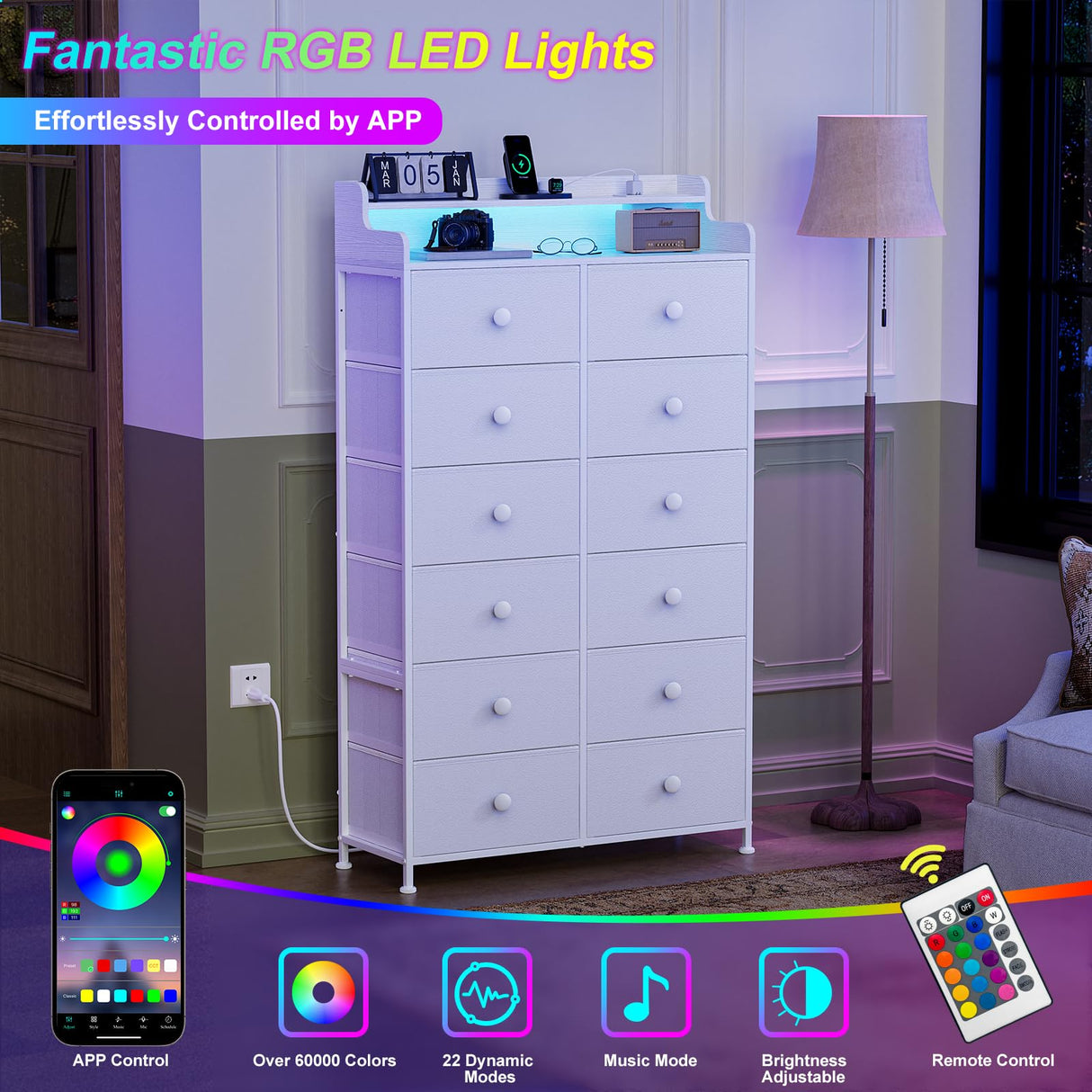 REAHOME Dresser for Bedroom with Charging Station and LED Lights, 12 Drawers Dresser TV Stand with Wooden Top, Tall Fabric Chest of Drawer with Sturdy Frame for Closet, Living Room, Hallway, White REAHOME