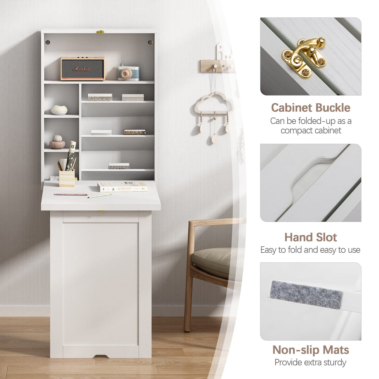 JAXPETY Wall Mounted Space Saving Desk Fold Out Convertible Desk Wood Floating Writing Desk with Storage Shelves Laptop Tabletop for Home Office, White JAXPETY