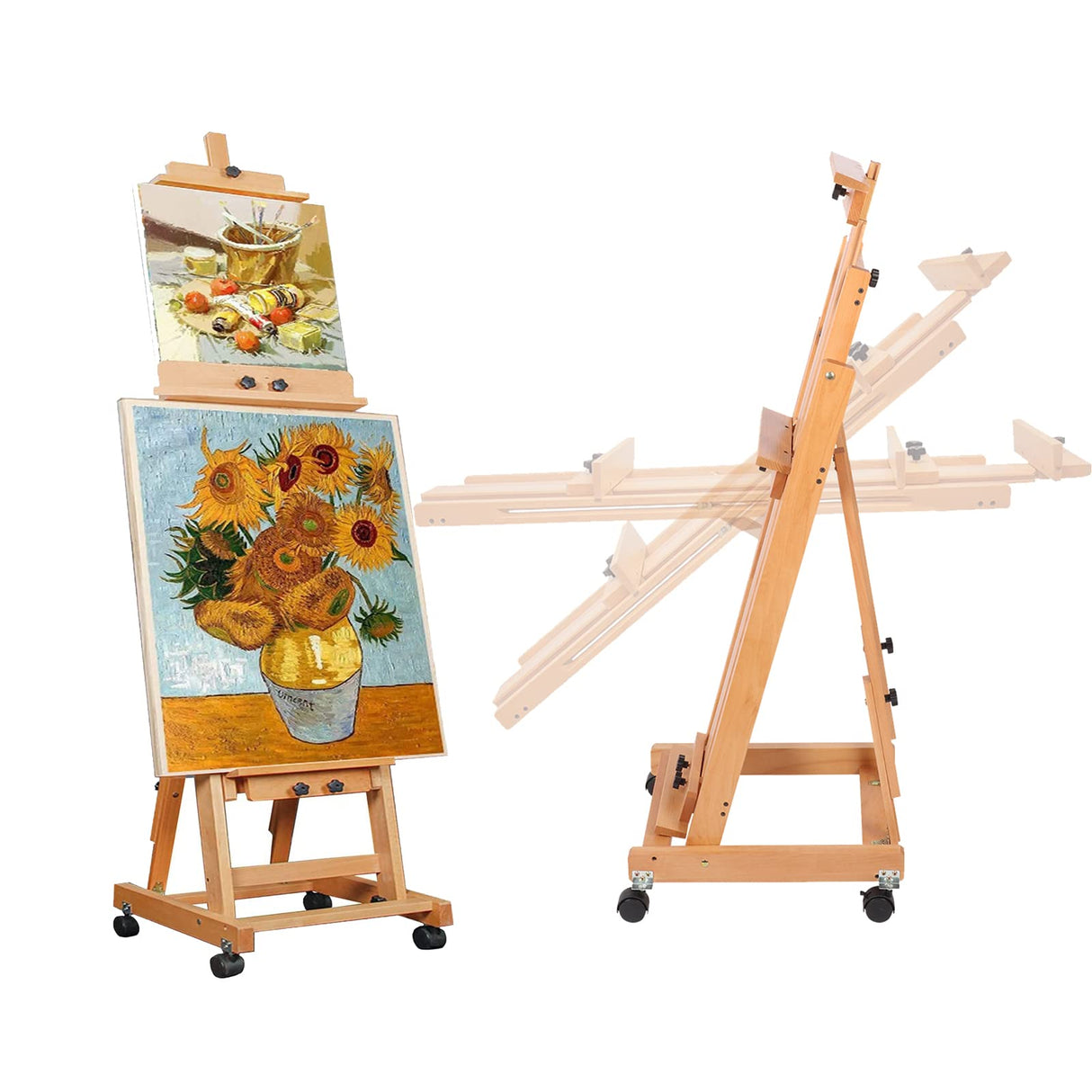 foriy H Frame Easel Multi-Function Studio Easel Solid Beech Wood Easel Adjustable Painting Canvas Holder Stand Tilts Flat Artist Easel with Locking Caster Wheels foriy
