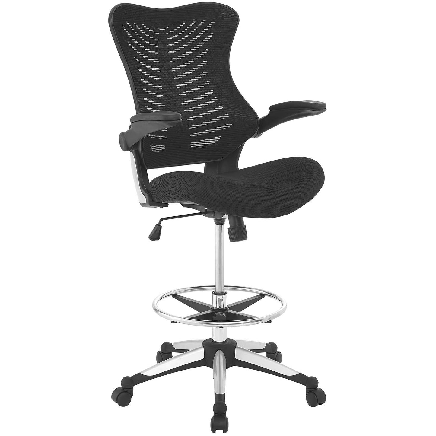 Modway Charge Drafting Chair - Reception Desk Chair - Drafting Stool with Flip-Up Arms in Vinyl, Black