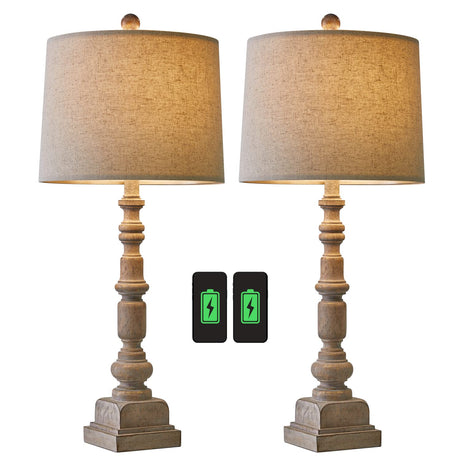 Oneach 27.75" Vintage Farmhouse USB Table Lamps Set of 2 for Living Room Bedroom Traditional Bedside Nightstand Lamp with Dual USB Port Resin Table Lamp with Rotary Switch for Living Room Bedroom Oneach