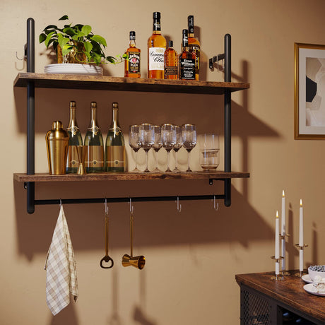 Bestier Pipe Shelf Industrial Floating Shelving 31" Kitchen Wall-Mounted Shelf with Towel Bar Hooks Coffee Bar Shelves Wine Hanging Display Rack Bookshelf Living Room Decor Bathroom-Rustic Brown Bestier