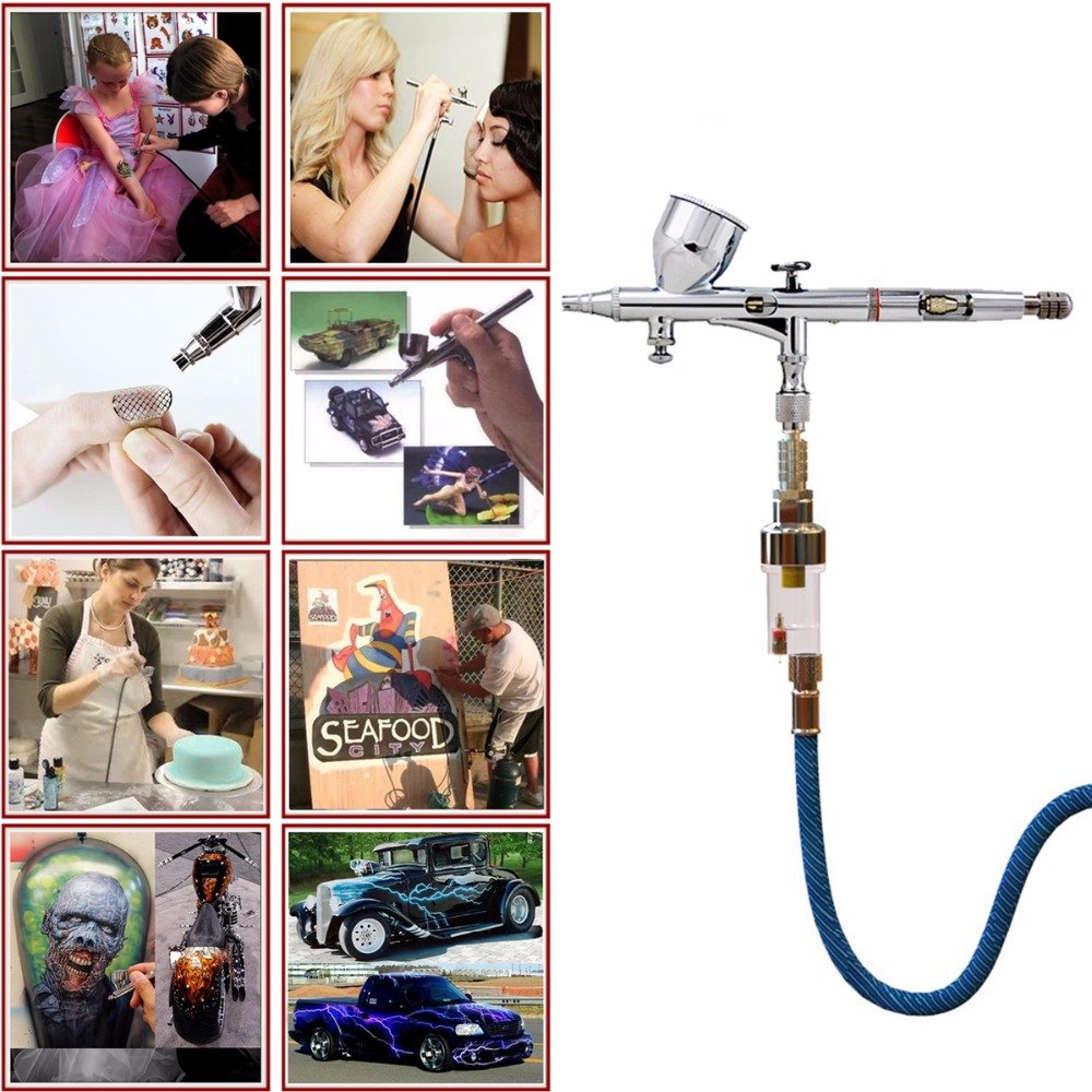 Pinkiou Airbrush Kit with Different Nozzle and Needles Muti-Purpose Dual Action Airbrush Sets with Air Brush 0.2 0.3 &0.5mm Needles and Air Hose for Hobby Model Painting Tattoo Cake Nail Art Pinkiou