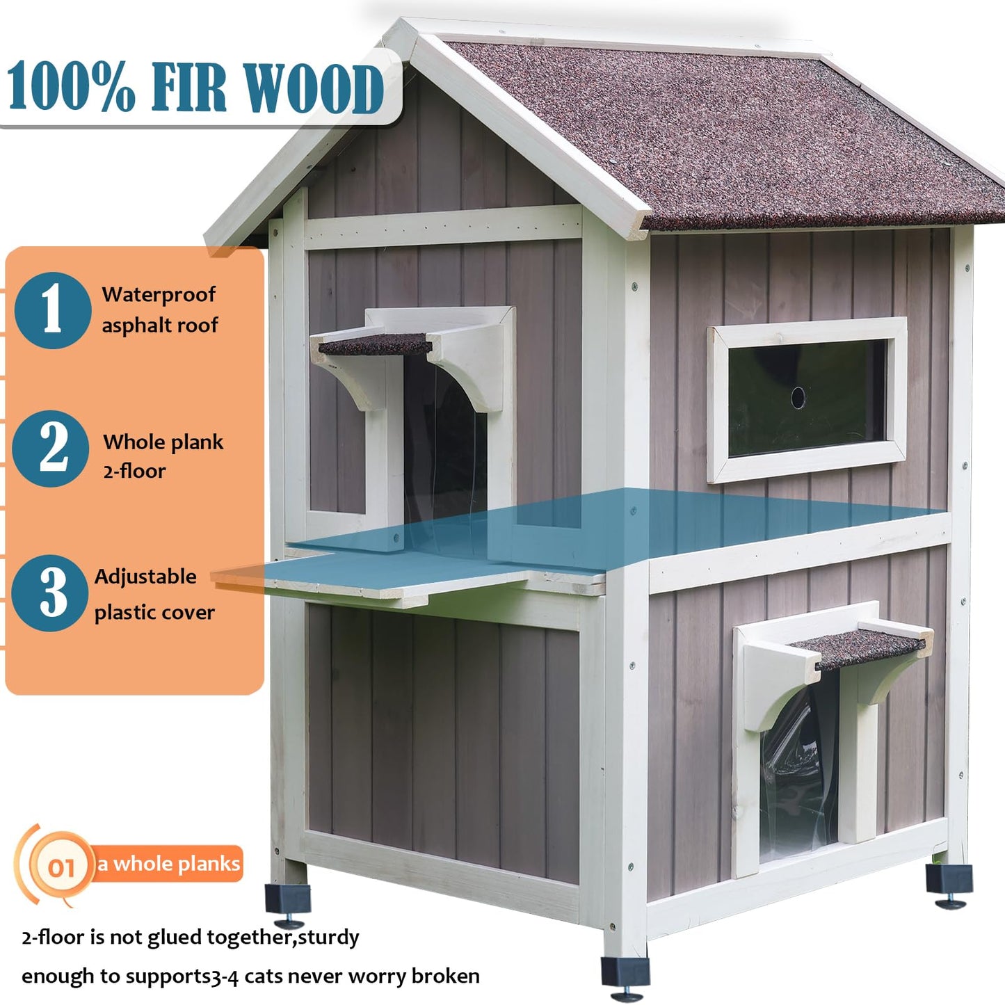 Rockever Outdoor Cat House, 2 Story Outdoor Houses for Feral Cats Wooden Outside Cat Shelter Weatherproof with Escape Door - WoodArtSupply