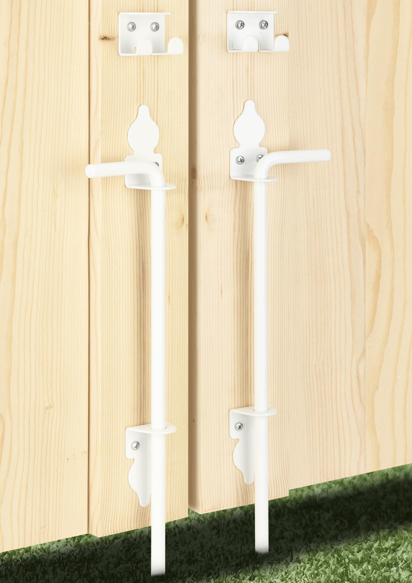 18" Heavy Duty Cane Bolt Gate Drop Rod Hardware Ground Latch for Wood PVC Vinyl Metal Fences Gates, Double Doors, White Solid Steel -2 Pack - WoodArtSupply