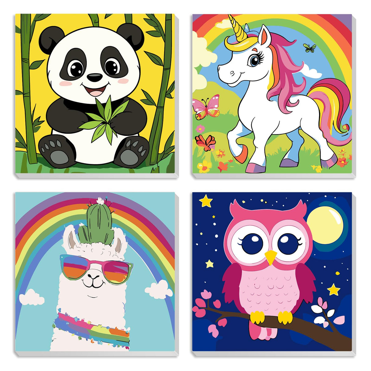 MXJSUA 4 Pack Cute Cartoon Animals Paint by Numbers Kit with Framed Canvas for Ages 6-12 Kids, Paint by Numbers Kits for Children Beginners, Acrylic Oil Painting for Home Wall Decor Gift (8x8 inch) MXJSUA