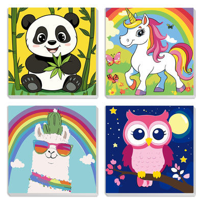 MXJSUA 4 Pack Cute Cartoon Animals Paint by Numbers Kit with Framed Canvas for Ages 6-12 Kids, Paint by Numbers Kits for Children Beginners, Acrylic Oil Painting for Home Wall Decor Gift (8x8 inch)