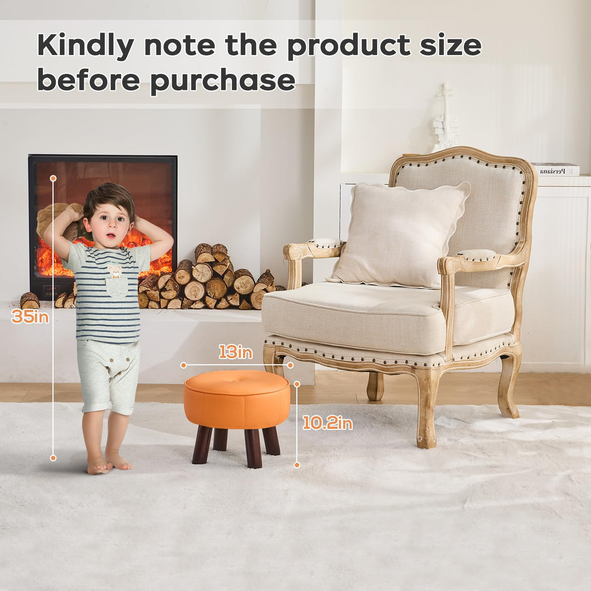 oakvivo 13in Small Foot Stool Ottoman, Round Faux Leather Foot Rest for Couch, Under Desk Pouf Footstool Footrest with Non-Skid Rubber Legs for Ling Room, Bedroom, 13''L x 13''W x 10.2''H, Orange oakvivo