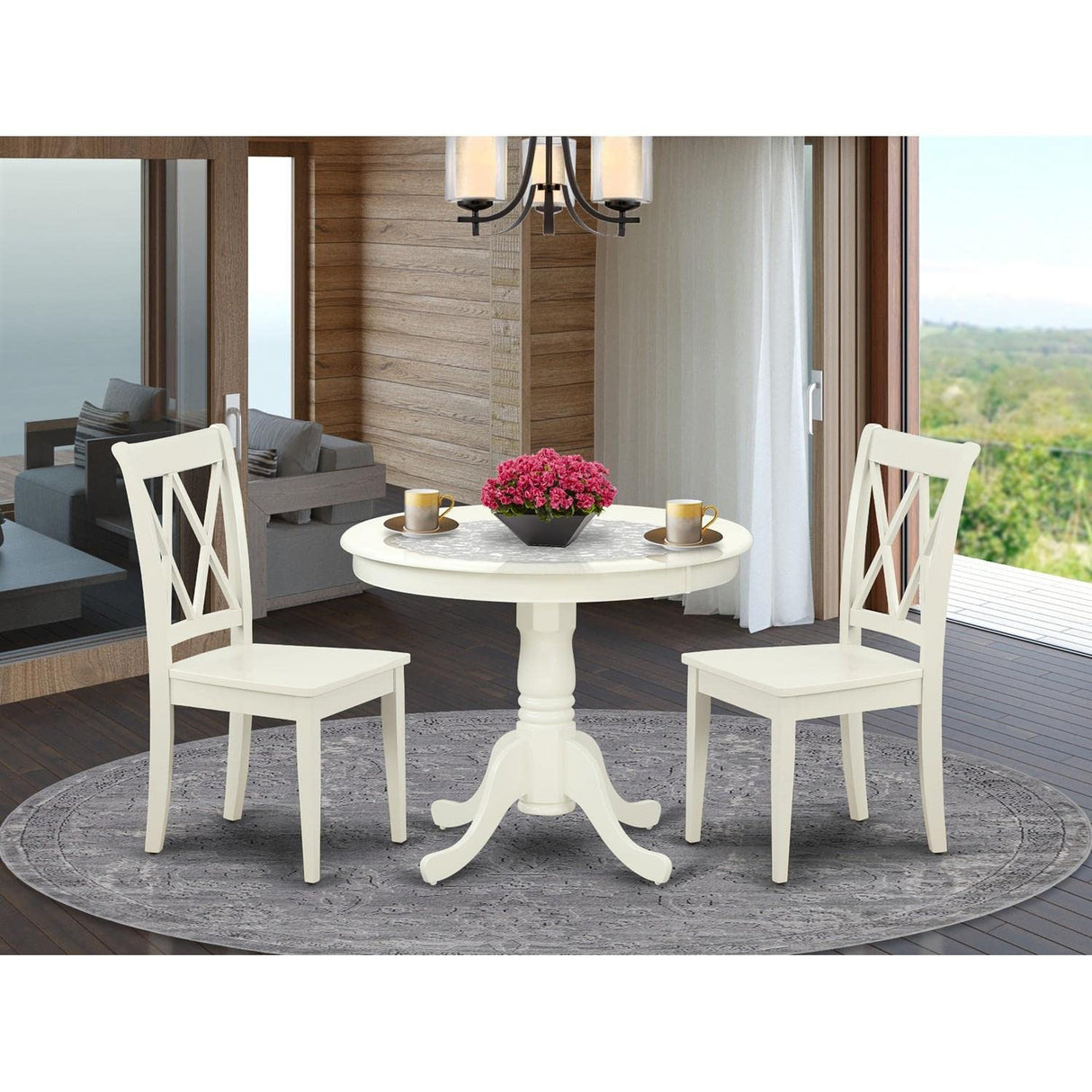 East West Furniture ANCL3-LWH-W Antique 3 Piece Kitchen Set for Small Spaces Contains a Round Dining Room Table with Pedestal and 2 Solid Wood Seat Chairs, 36x36 Inch East West Furniture