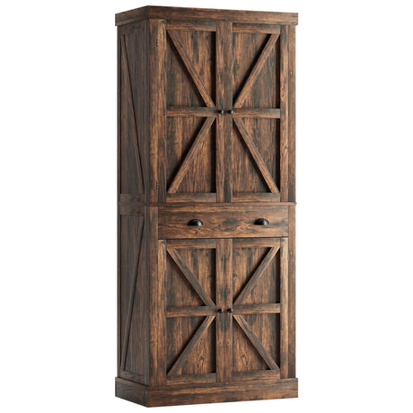 oneinmil Kitchen Pantry Cabinet 72.6" H, Farmhouse Wooden Cabinet with 4 Adjustable Shelves, Freestanding Cupboard with Drawers, Tall Pantry Cabinet for Kitchen, Dining Room, Brown oneinmil