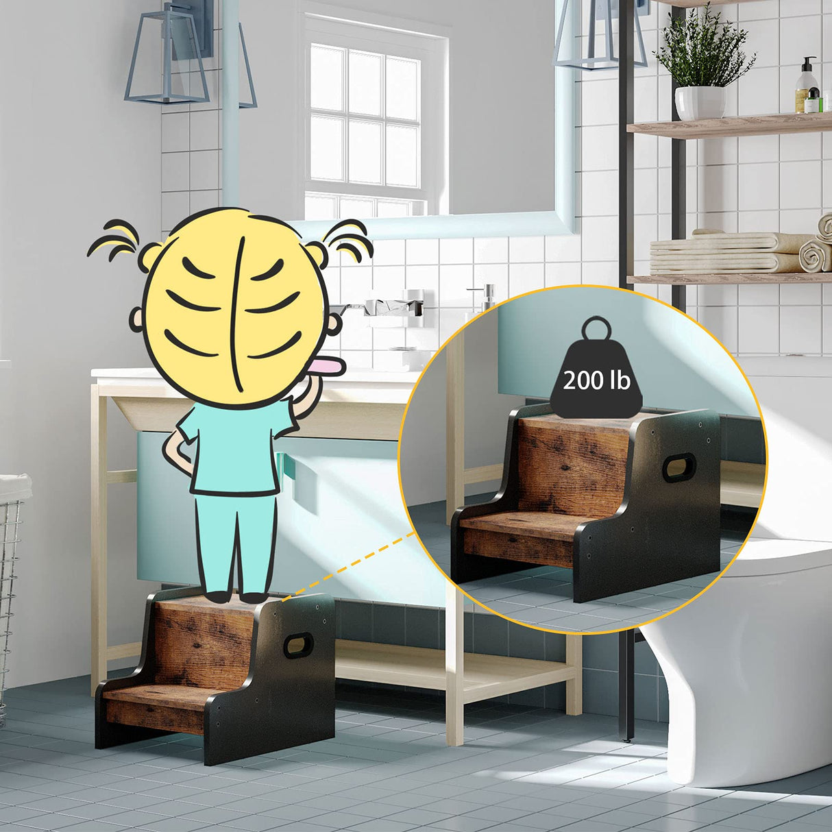 HOOBRO Step Stool for Kids, Two Step Toddler's Stool, Kids Potty Training Stool with Handles, Non-Slip Pads for Safety, Easy to Move, for Sink, Bathroom, Bedroom, Rustic Brown BF01JD01G1 HOOBRO