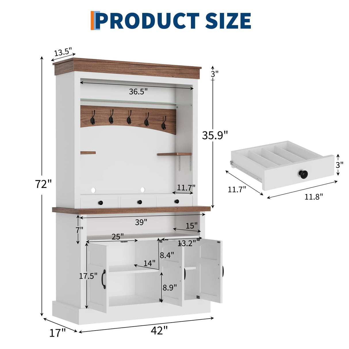Coffee Bar Cabinet with LED Light, 72" Tall Farmhouse Coffee Bar Hutch with Storage, Sideboard Buffet Cabinet with Microwave Stand/Glass Shelf/6 Hooks/3 Drawers for Kitchen Living Dining Room, White GarveeHome