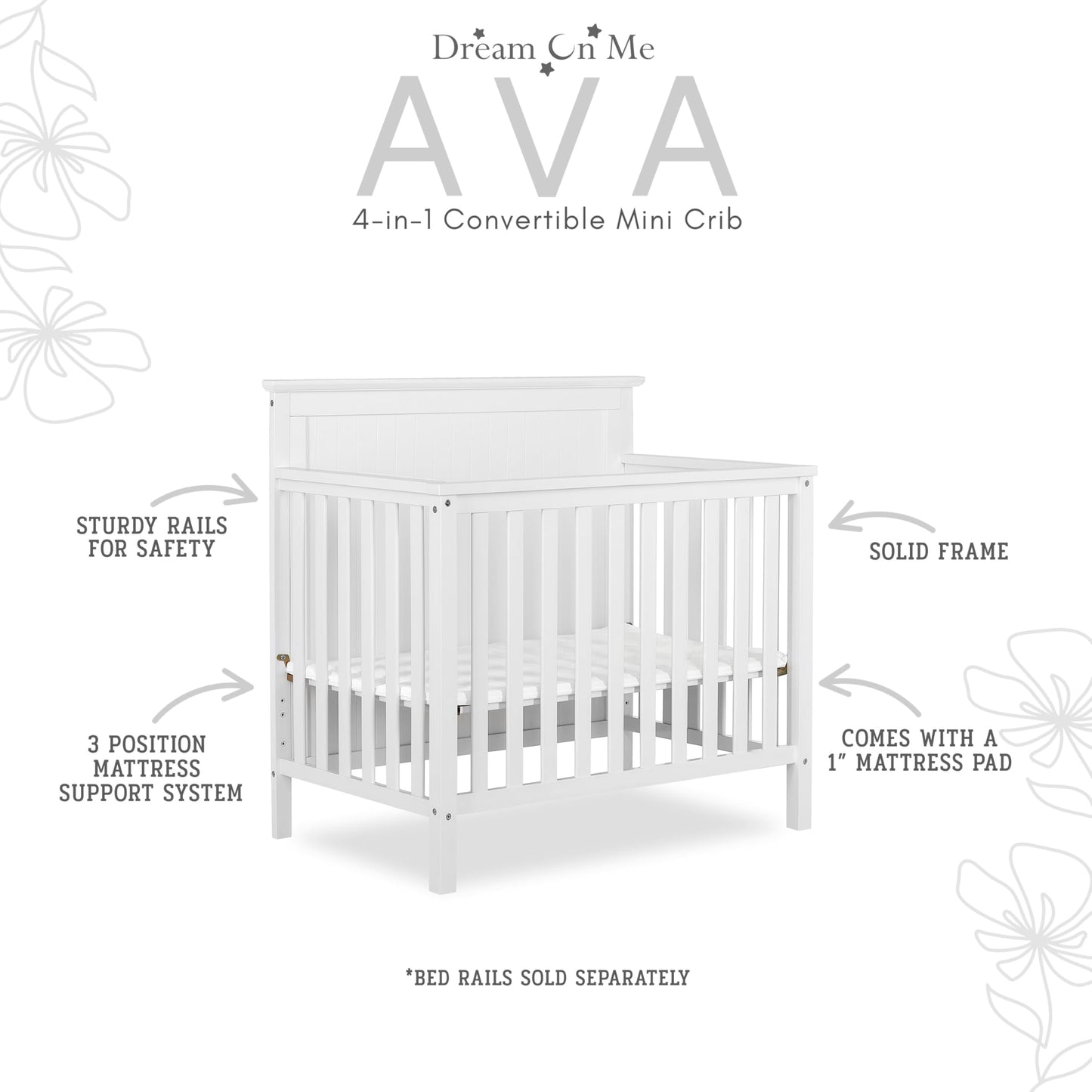 Dream On Me Ava 4-in-1 Convertible Mini Crib in White, Greenguard Gold Certified, Non-Toxic Finish, Comes with 1" Mattress Pad, with 3 Mattress Height Settings