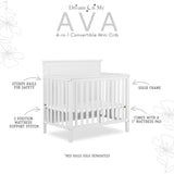 Dream On Me Ava 4-in-1 Convertible Mini Crib in White, Greenguard Gold Certified, Non-Toxic Finish, Comes with 1" Mattress Pad, with 3 Mattress Height Settings Dream On Me