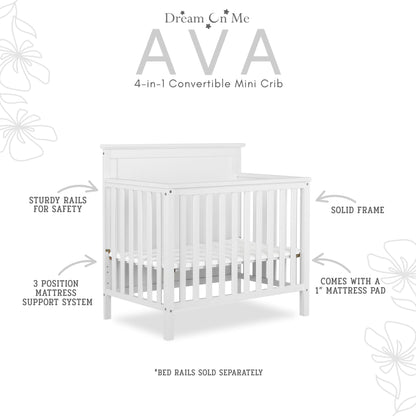 Dream On Me Ava 4-in-1 Convertible Mini Crib in White, Greenguard Gold Certified, Non-Toxic Finish, Comes with 1" Mattress Pad, with 3 Mattress Height Settings