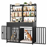 Keyluv 71''H x 47.2''W Large Dog Crate Furniture with 4-Tier Shelves and 2 Storage Drawers, Heavy Duty Dog Cage Furniture with 2 Doors, Wood & Metal Dog Kennel Indoor for Small/Medium/Large Dog, Black Keyluv