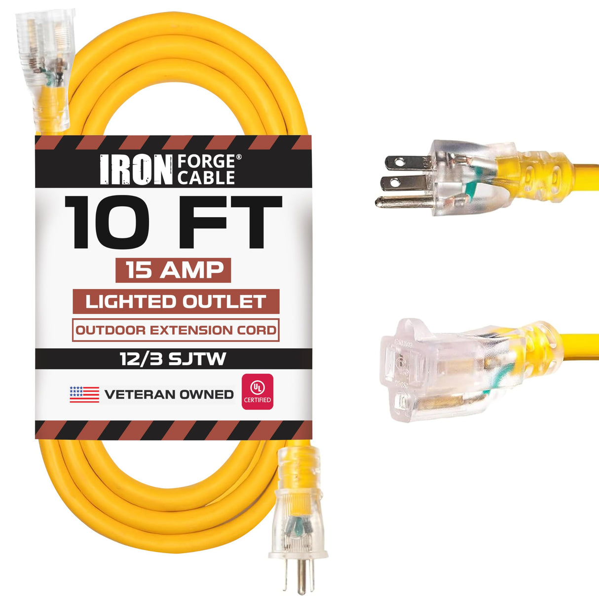 Iron Forge Cable 10 Foot Lighted Outdoor Extension Cord - 12/3 SJTW Heavy Duty Yellow Extension Cable with 3 Prong Grounded Plug for Safety, 15 AMP - Great for Garden and Major Appliances IRON FORGE CABLE