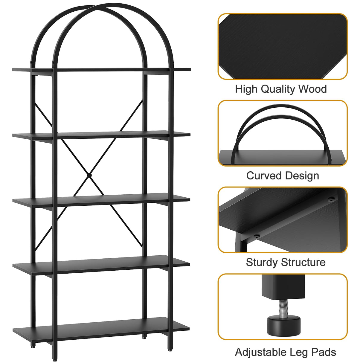 Arbuxzuy Arched Bookshelf 5 Tier Book Shelf, 31.5 Inch Width Industrial Arch Bookcase, Curved Tall Bookshelf with Open Shelves for Home Office, Living Room, Bedroom, Black Arbuxzuy