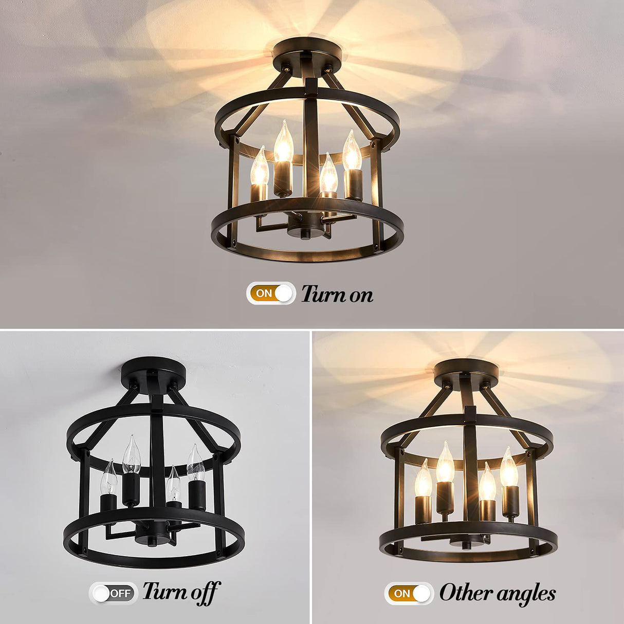 UOFUS Metal Semi Flush Mount Ceiling Light Fixture 4 Candle Holder Matte Chandelier Farmhouse Ceiling Lamp for Dining Room Bedroom Kitchen Hallway Entryway（Black） UOFUS