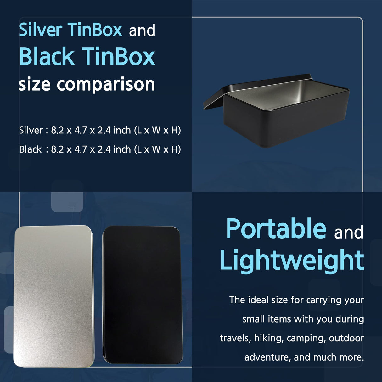 WEANOS Black Metal Tin Box Lids - Large Containers, Holder for Keeping Car Keys, Cookie, Pencil Case, 8.2 x 4.7 x 2.4 inch WEANOS