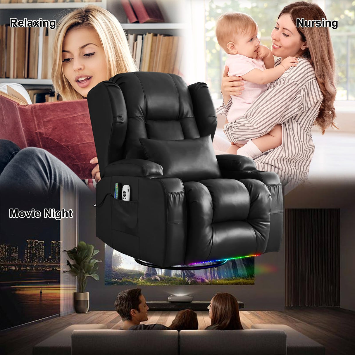 Oprisen Power Swivel Rocker Recliner Chair Home Theater Seating Electronic Glider Chair Upholstered Movie Gaming Reclining Sofa w/Heat Massage/LED Light/USB Port/Cup Holders/Pockets Oprisen