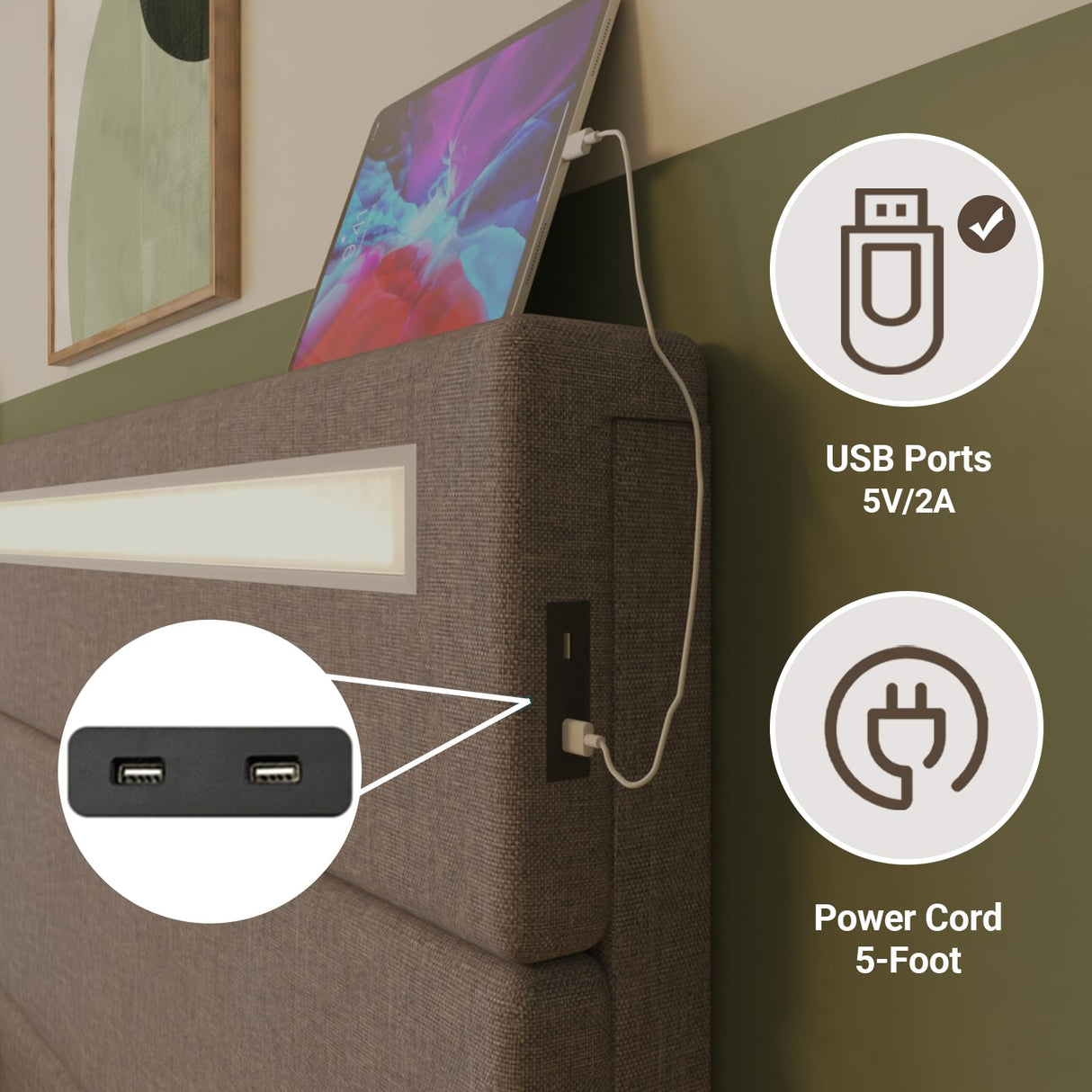 Forrise Full Size Upholstered Bed Frame with LED Lights and USB Ports - Modern Noise-Free Design in Grey Forrise