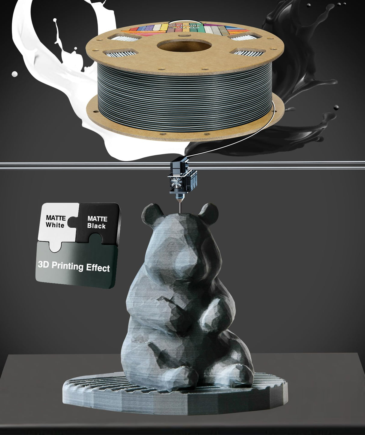 OVERTURE Dual Color Matte PLA 3D Printer Filament 1.75mm, Matte PLA 1kg Cardboard Spool (2.2lbs), Dimensional Accuracy +/- 0.02 mm (Matte Black-White) OVERTURE