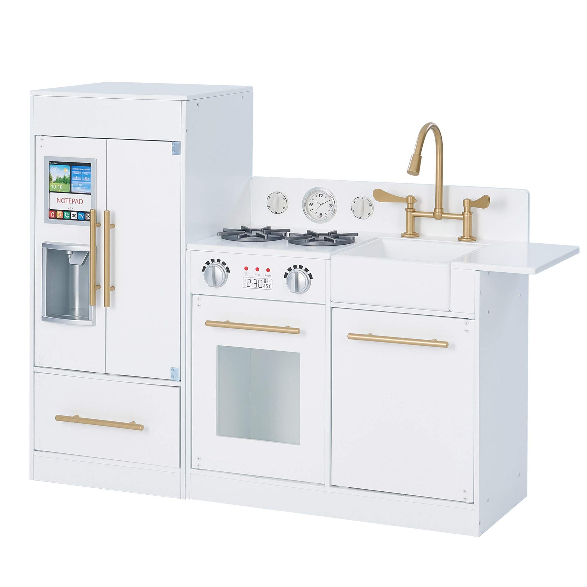 Teamson Kids Little Chef Charlotte Modern Modular Interactive Wooden Play Kitchen with Refrigerator, Stove and Sink in White with Gold Finishes - WoodArtSupply