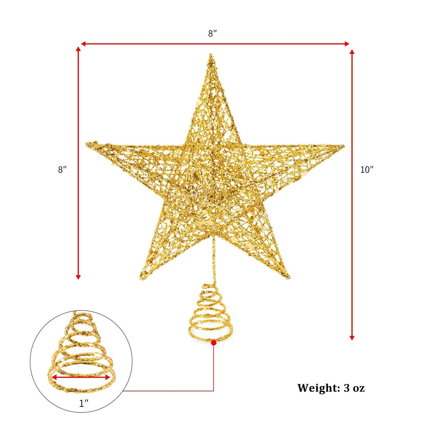 Glittered Christmas Tree Topper, 8 Inches Gold Glitter Christmas Tree Ornaments Metal Hollow Star for Christmas Tree Home Decoration