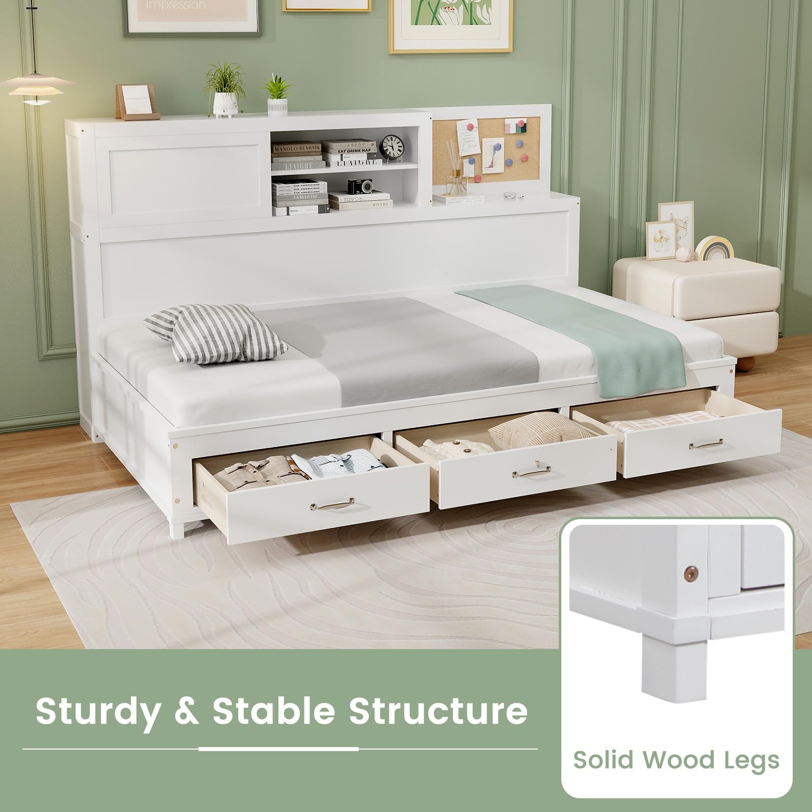 Giantex White Twin Daybed with 3 Storage Drawers, Cork Board & Sliding Door - WoodArtSupply