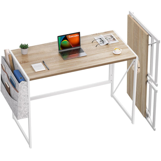 SOROGRA Folding Desk, Small Foldable Desk 39.4 Inch for Small Space, Computer Table Home Office Writing Desk with Storage Bag Headphone Hook, Easy Assembly, Oak - WoodArtSupply