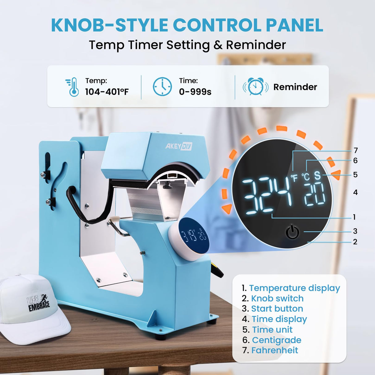 AKEYDIY Auto Hat Heat Press Machine for Caps with 3pcs Interchangeable Platens 3-in-1 Automatic Cap Press w/Knob-Style Digital Controller & Auto Open & Release, Heat Transfer Printing for Caps AKEYDIY