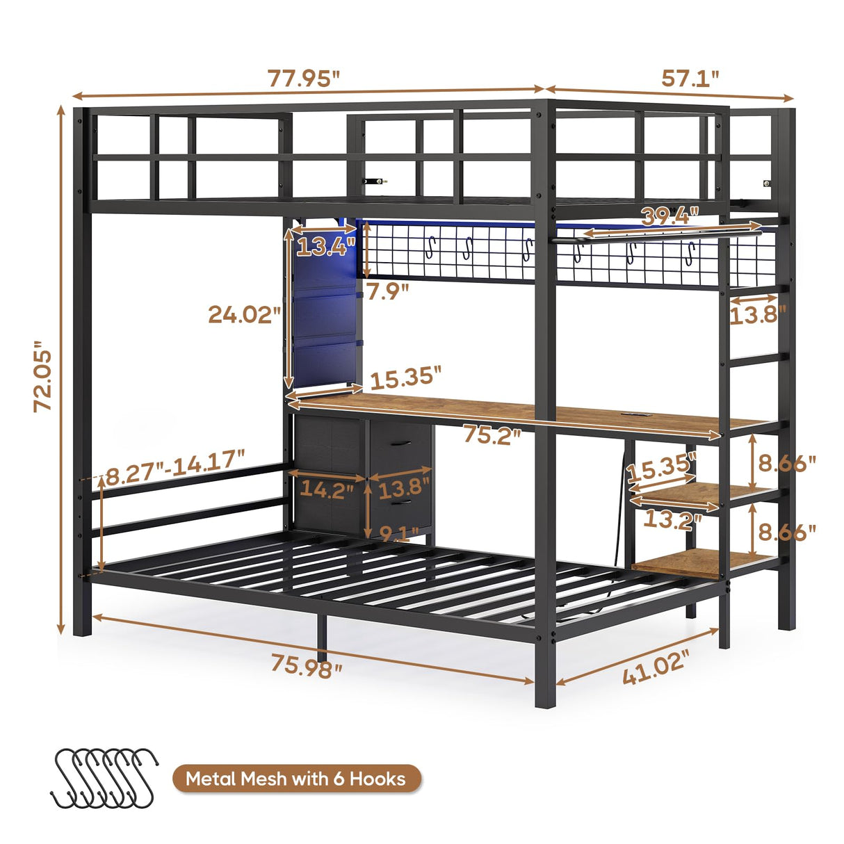 DICTAC Black Full Over Twin Bunk Bed with Integrated Desk, Charging Station, LED Lighting & Storage Solutions DICTAC