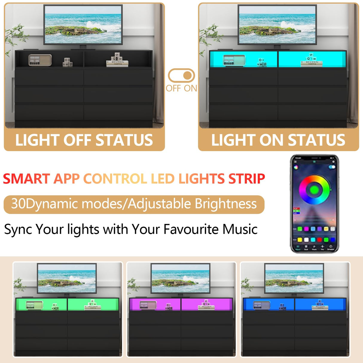 Gyfimoie 6 Drawer Double Dresser with Power Outlet, Accent Chests of Drawers with LED Light, Modern Storage Dresser for Bedroom, Living Room (Black) Gyfimoie