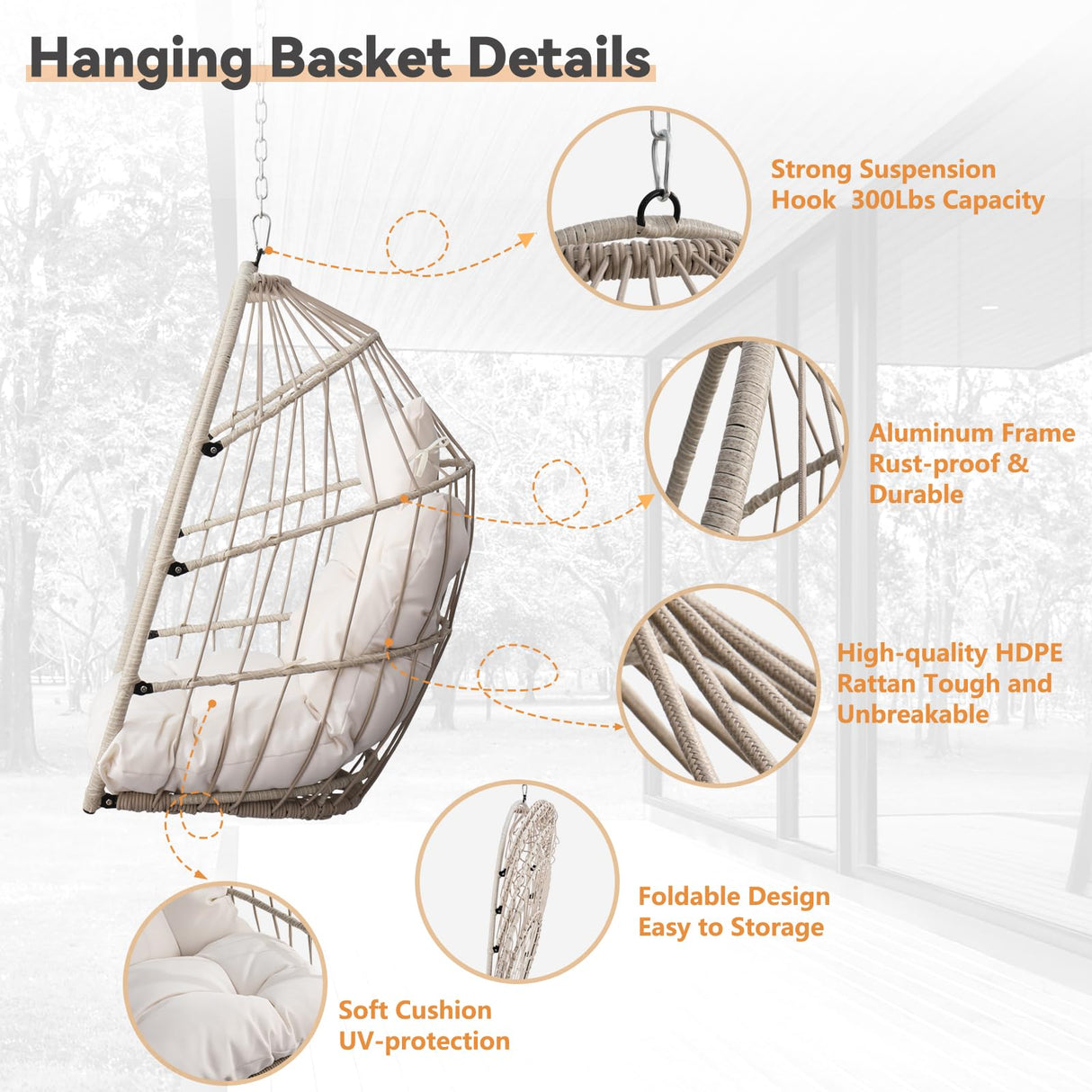Hanging Egg Chair Without Stand, HDPE Rattan Foldable Swing Chair with Aluminum Frame & UV Resistant Cushion, Hammock Egg Basket for Indoor Outdoor Bedroom Garden, 350Lbs Capacity (Cream White) DAIJIA CHINA