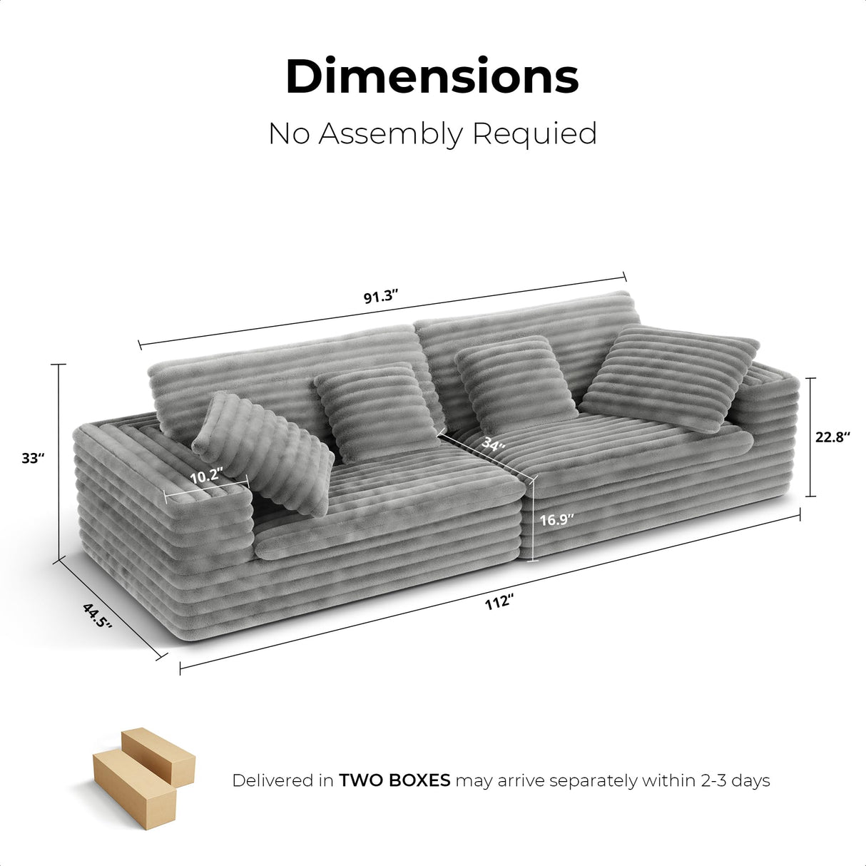 LIKIMIO Boneless Sectional Cloud Couch for Living Room, 112" Oversized Loveseat Modern Sofa with Comfy Cushions, 34" Extra Deep Seat, No Assembly Required, Plush Corduroy Upholstery, Grey LIKIMIO