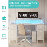 Lufeiya White Computer Desk with Fabric Drawers & Storage Shelves, 47 inch Home Office Desk with Monitor Stand, Gaming Desk with LED Lights and Power Outlets, White Lufeiya
