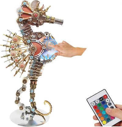 PUOSUO 3D Metal Puzzles for Adults,Mechanical Seahorse Model Buildings with RGB Colors Lamps, 3D Jigsaw Puzzles Desk Ornament Lamp, Difficult DIY Model Kits for Men Women Birthday Christmas