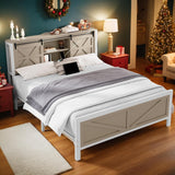 YITAHOME Farmhouse King Size Bed Frame with Headboard, Bookcase Storage Shelves, Sliding Barn Door, Charging Station, Rustic Wood Platform Bed, No Box Spring Needed, Oak YITAHOME