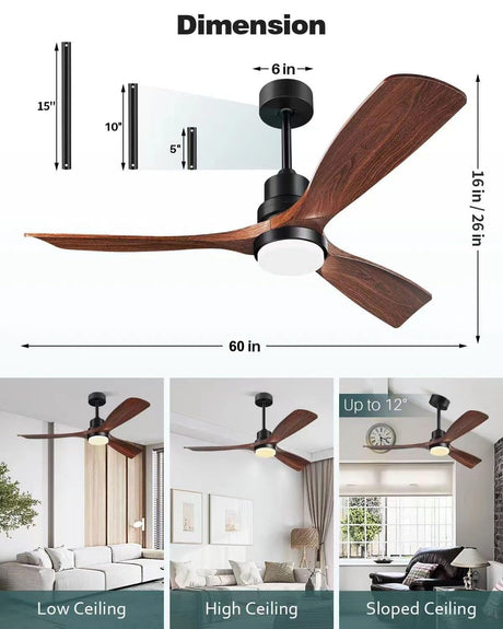 60 Inch Ceiling Fans with Lights 3 Downrods, Outdoor Ceiling Fan for Patios with Remote Control, ETL Listed, 3 Blades Wood Ceiling Fans Reversible Quiet Dc Motor for Indoor Bedroom Farmhouse Forrovenco