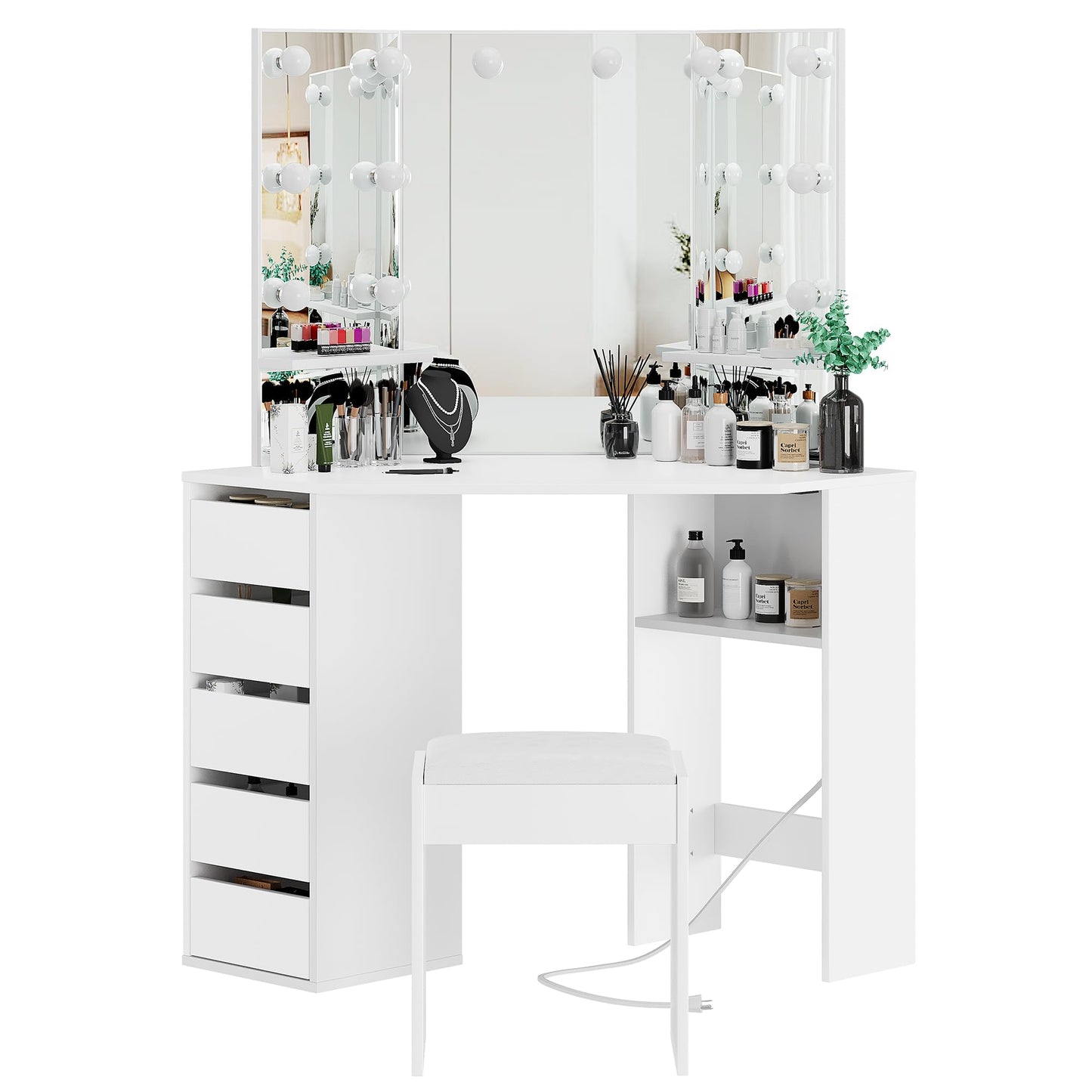 Wpond Corner Makeup Vanity Desk with Mirror and Lights - Adjustable LED Lighting, Spacious Storage, Built-in Charging, 5 Drawers, and Stool, White